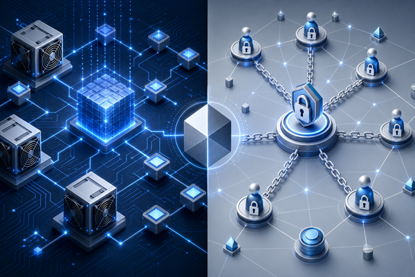 Side-by-side illustration of Proof-of-Work mining hardware and Proof-of-Stake validator nodes
