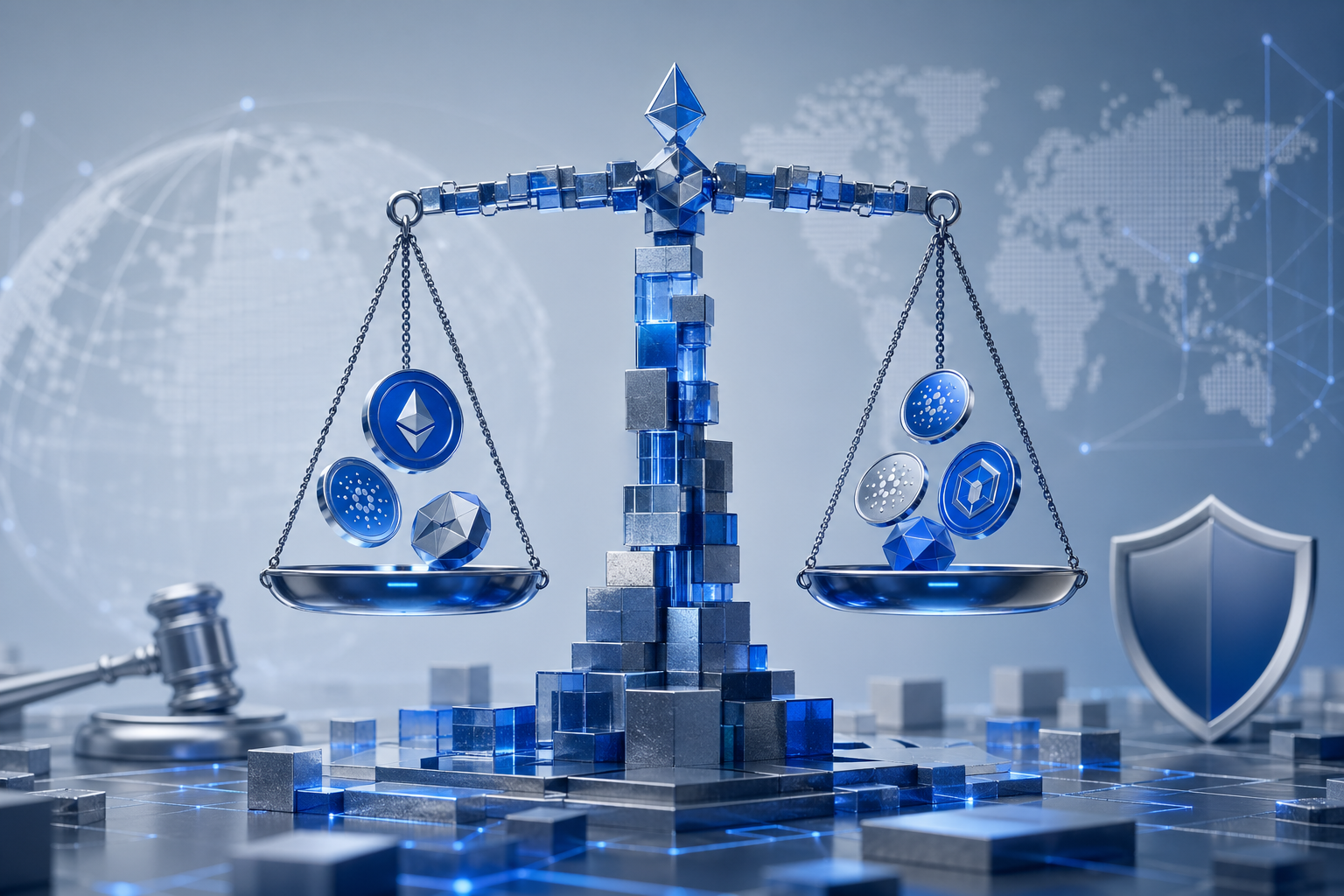 Abstract illustration showing a balance scale composed of blockchain blocks and floating digital tokens, representing global ICO regulation and compliance.