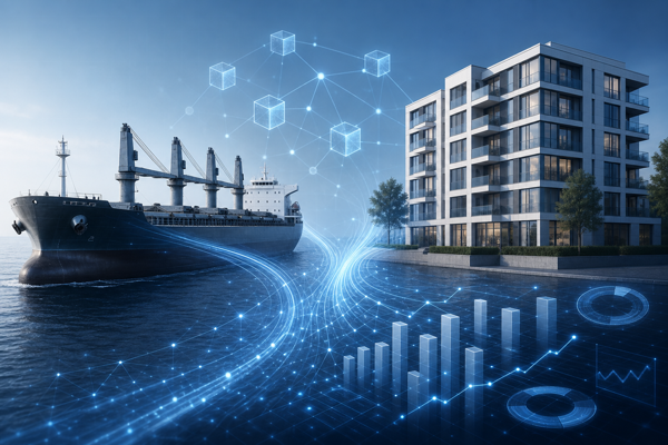 Cargo ship and modern apartment building connected by blockchain network lines and financial charts, illustrating real world asset financialization