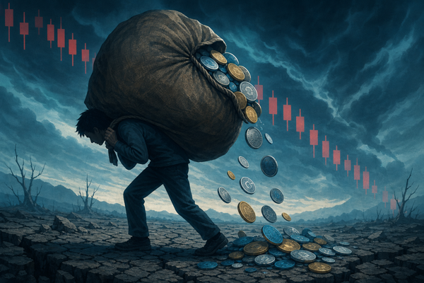 Stylized illustration of a hunched investor carrying a heavy bag of crypto coins falling out, against a cracked landscape and red candlestick chart in the sky
