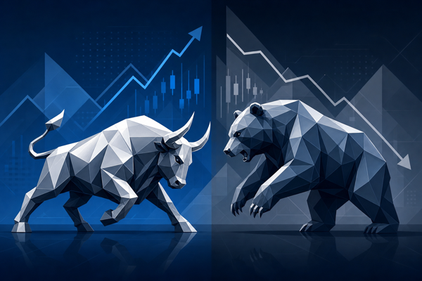 Stylized bull and bear figures facing each other against rising and falling stock chart lines, illustrating market sentiment