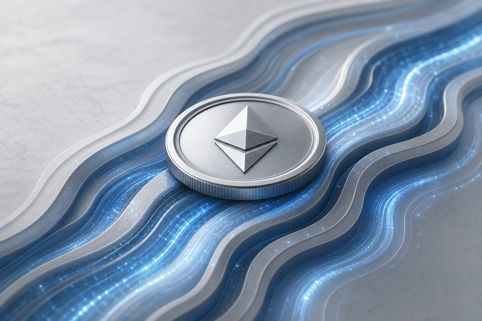 A crypto token resting on layered value flows, illustrating a token as an economic asset