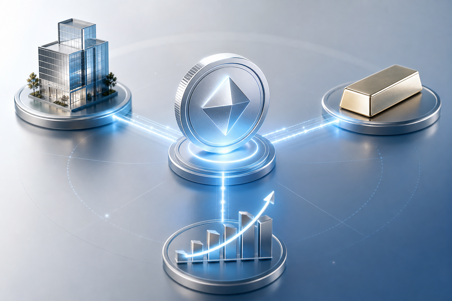 A token linked to a building, gold bar and chart, illustrating asset-backed value