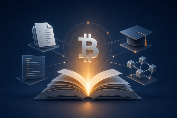 Open book with glowing Bitcoin symbol and educational icons illustrating Bitcoin learning resources