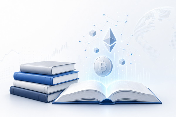 A stack of books and an open book with crypto and blockchain motifs rising from the pages