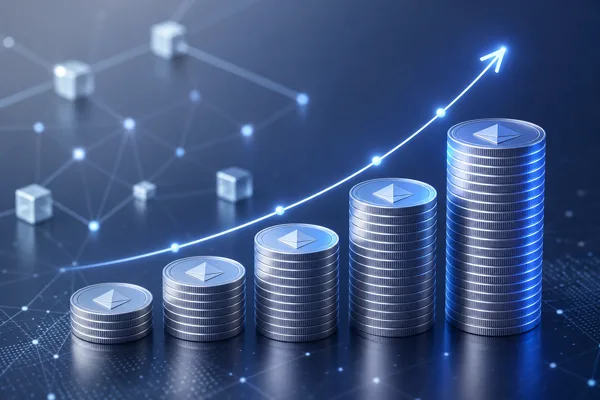 Stacked glowing crypto coins with an upward growth curve representing staking yield