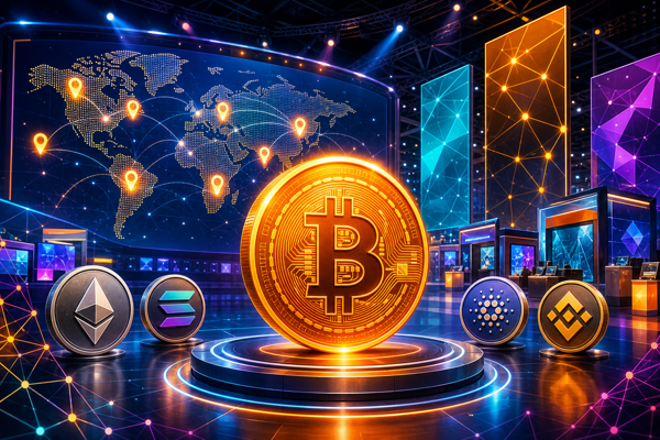 Colorful illustration of a crypto conference stage with an orange Bitcoin coin and global event location pins