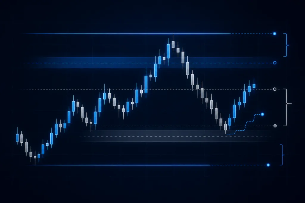 Grafische Darstellung der verschiedenen Ordertypen im Handel, einschließlich Limit-Orders, Stop-Orders und Trailing Stops