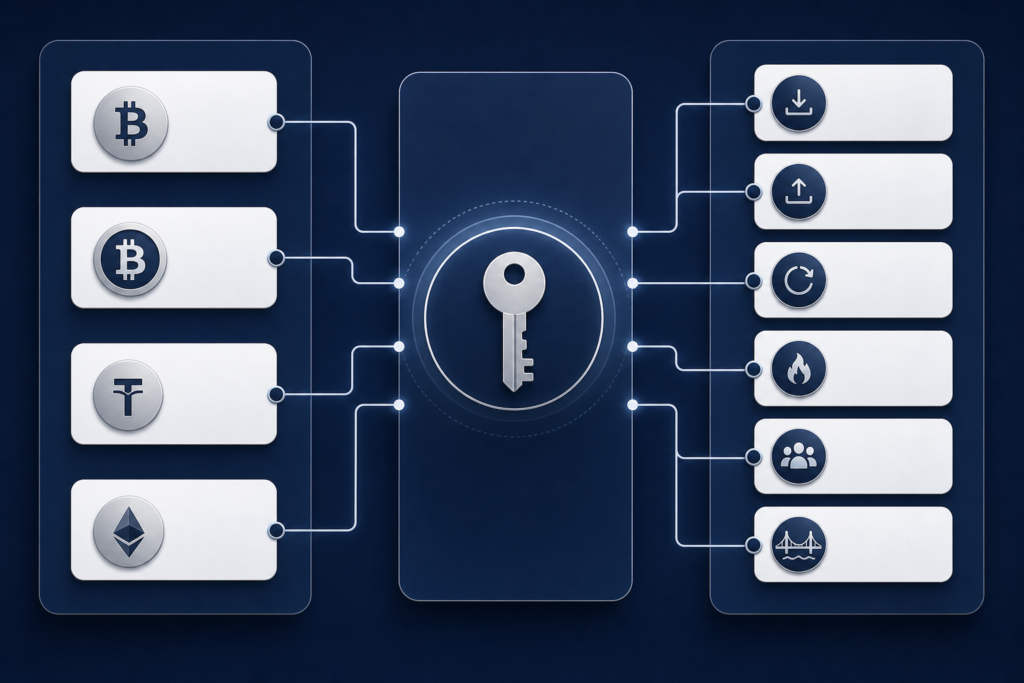 Diagram showing blockchain address types: technical formats on the left connected through key derivation to usage roles on the right