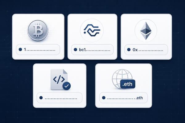 Infographic showing five blockchain address format cards: Bitcoin legacy, SegWit, Ethereum, contract, and ENS