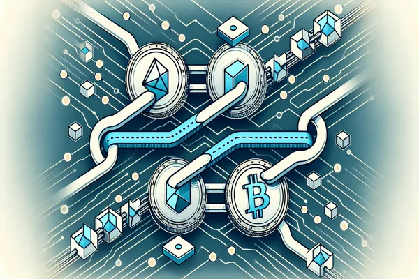 Abstract illustration of two parallel blockchains forking with a transaction being duplicated between them, symbolizing a replay attack