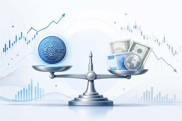 Cryptocurrency exchange rate shown as a balance scale weighing a crypto coin against fiat currency