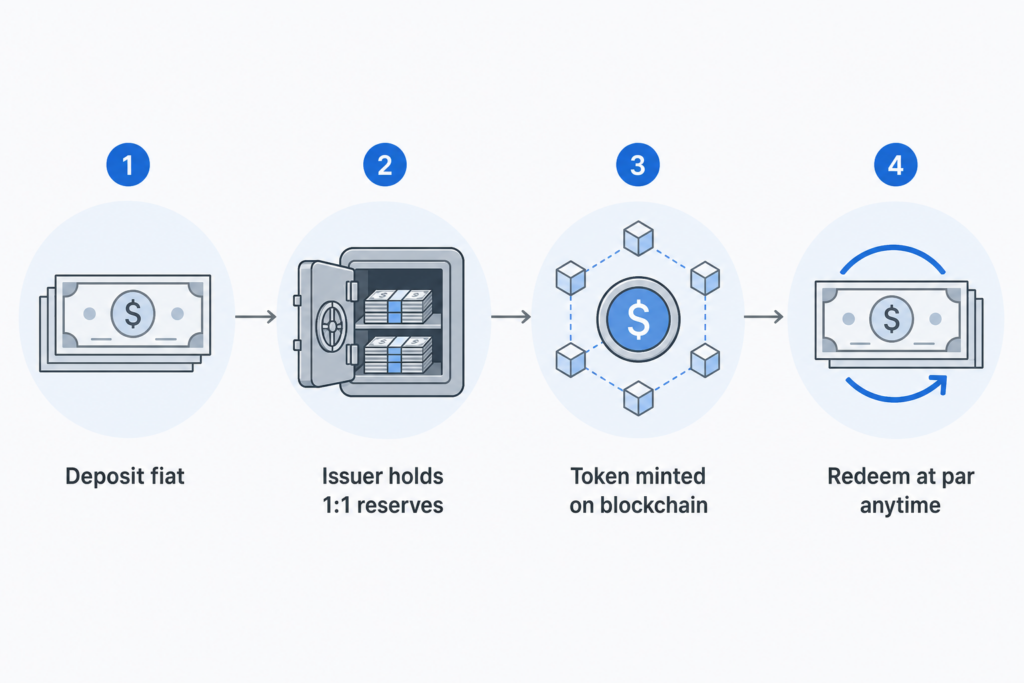 Hoe een e-money token werkt: fiat storten, een gereguleerde uitgever houdt 1:1 reserves aan, een gelijkwaardige token wordt op de blockchain gemint, en houders kunnen altijd tegen nominale waarde inwisselen