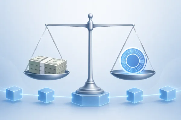E-money token concept: a balance scale showing a digital token fully backed one-to-one by fiat currency reserves on a blockchain