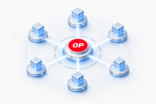 A central OP node linked to six blockchain nodes, illustrating the Optimism Superchain network of OP-based chains