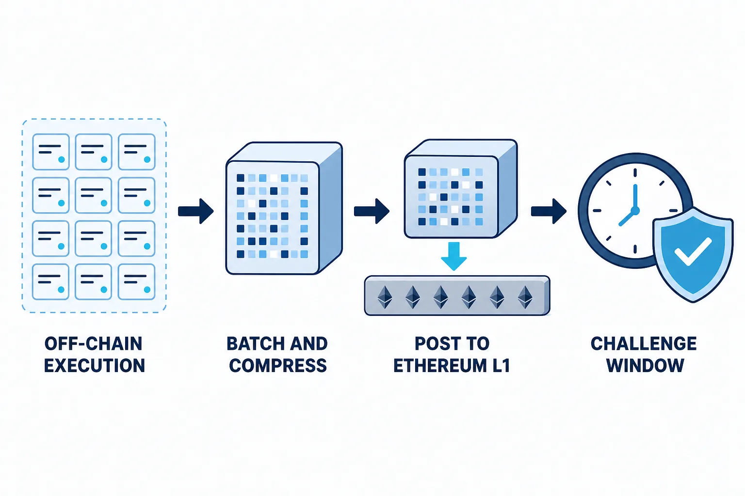 Four-step optimistic rollup flow: off-chain execution, batch and compress, post to Ethereum L1, then a challenge window with fraud proof