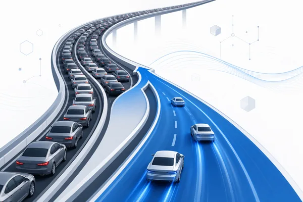 A congested main-chain traffic lane merging into a faster Layer-2 fast lane, illustrating optimistic rollups