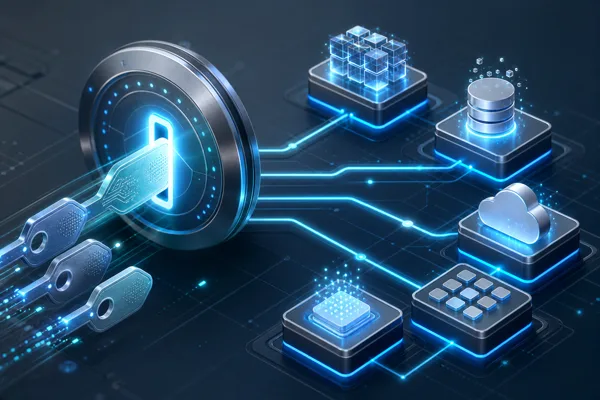A glowing digital token shaped like a key unlocking a network of blockchain services