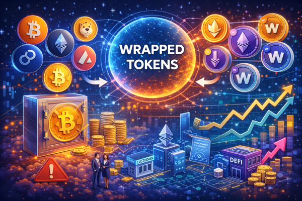 Illustration showing wrapped tokens bridging two blockchains