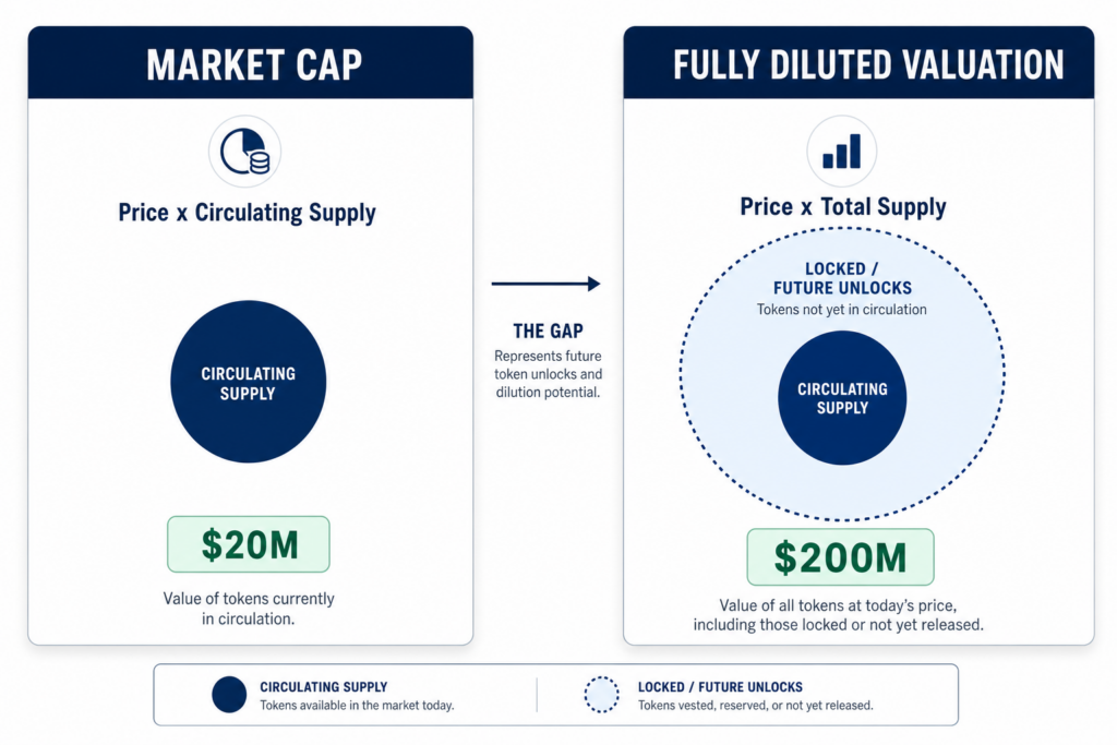 Diagram dat marktkapitalisatie (prijs maal circulerende supply, $20M-voorbeeld) vergelijkt met Fully Diluted Valuation (prijs maal totale supply, $200M-voorbeeld), met het verschil veroorzaakt door vergrendelde en toekomstige unlocks