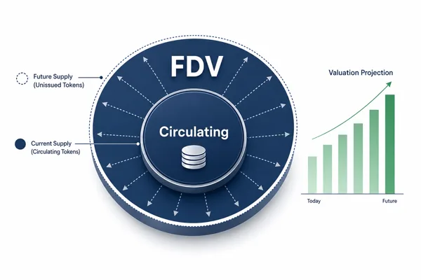 Illustration of Fully Diluted Valuation showing a circulating supply core surrounded by future unissued tokens, with a small upward valuation projection chart
