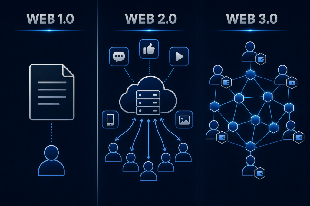 Diagram comparing Web 1.0 static pages, Web 2.0 centralized platforms, and Web 3.0 distributed networks