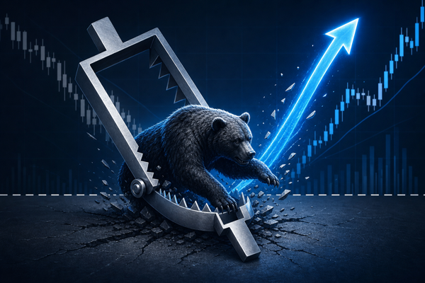 Stylized bear caught in a steel trap with a blue upward price arrow breaking out, illustrating a bear trap in trading