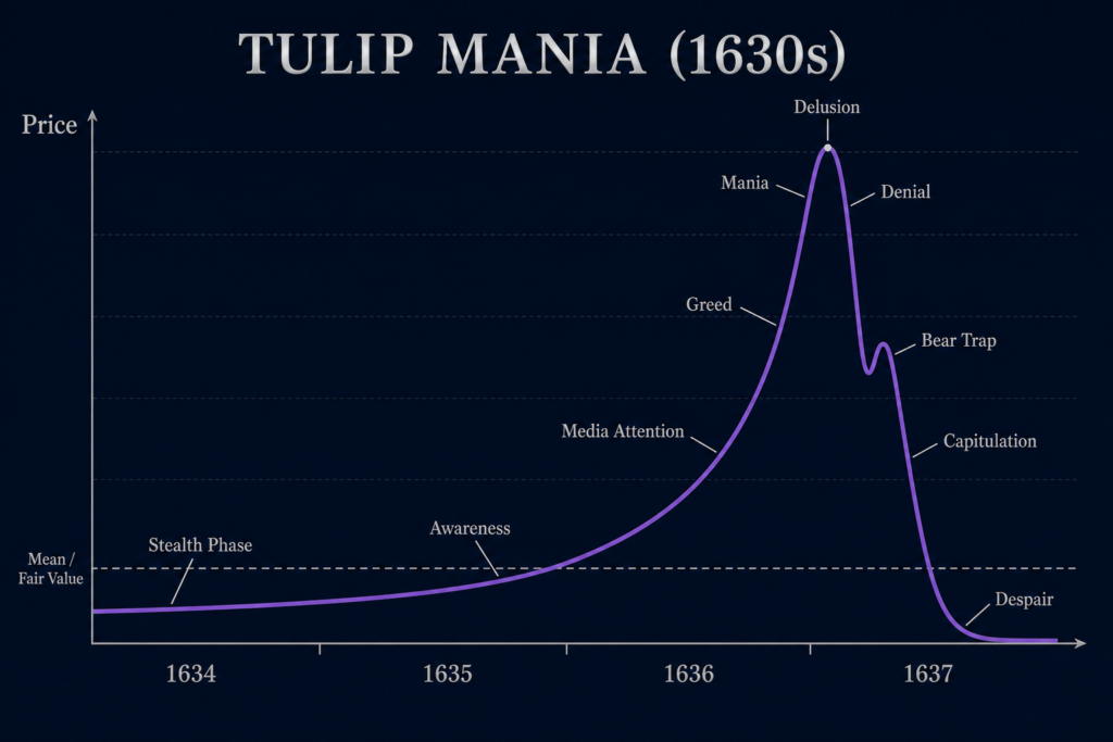 Prijscurve van de Tulpenmanie in de jaren 1630 met klassieke bubbel-faselabels