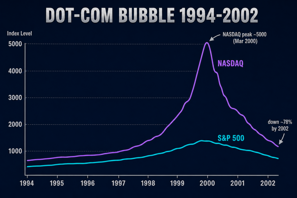 NASDAQ Composite versus S&P 500-grafiek met de dotcom-bubbel