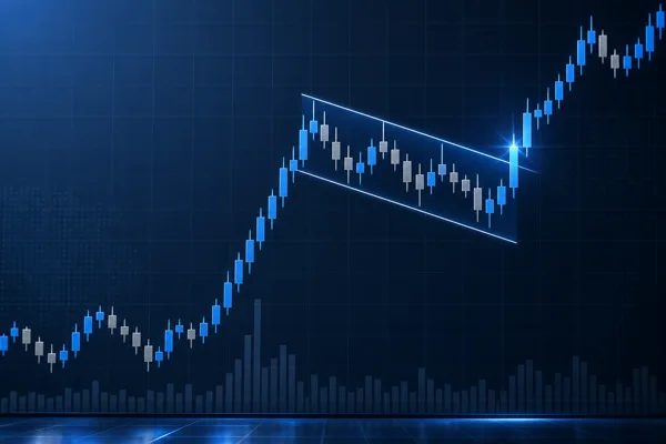 Bull flag pattern showing a rally followed by consolidation and breakout on a candlestick chart