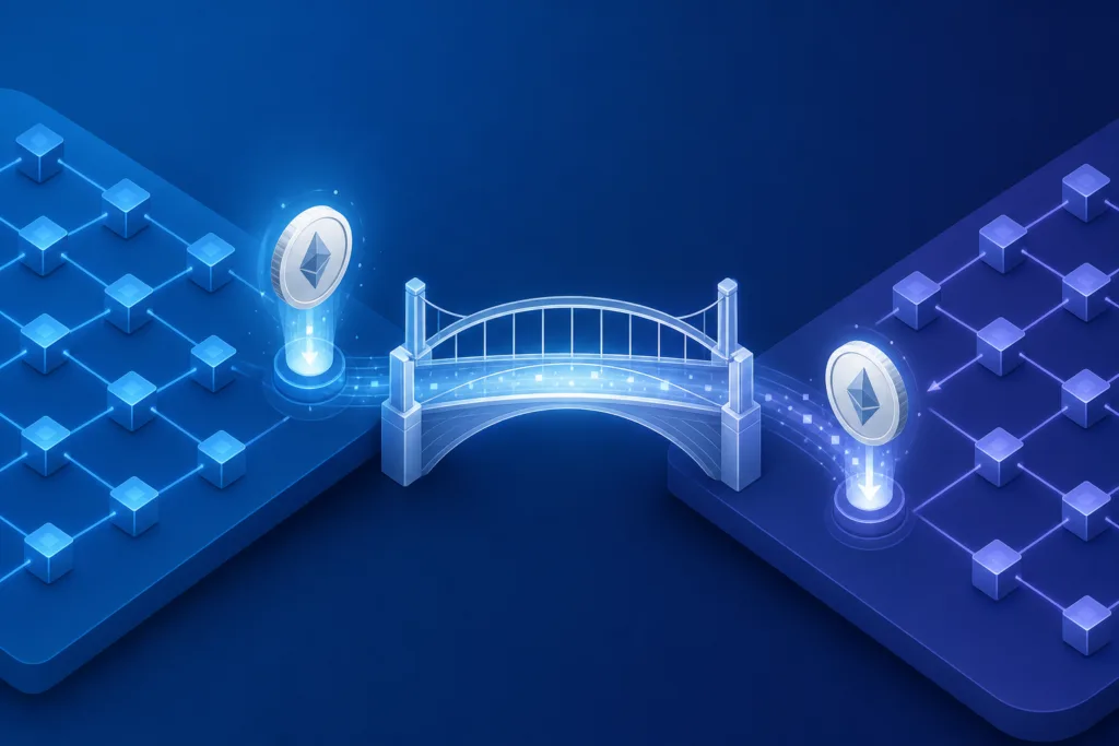 Illustration of a crypto bridge moving tokens between two independent blockchains