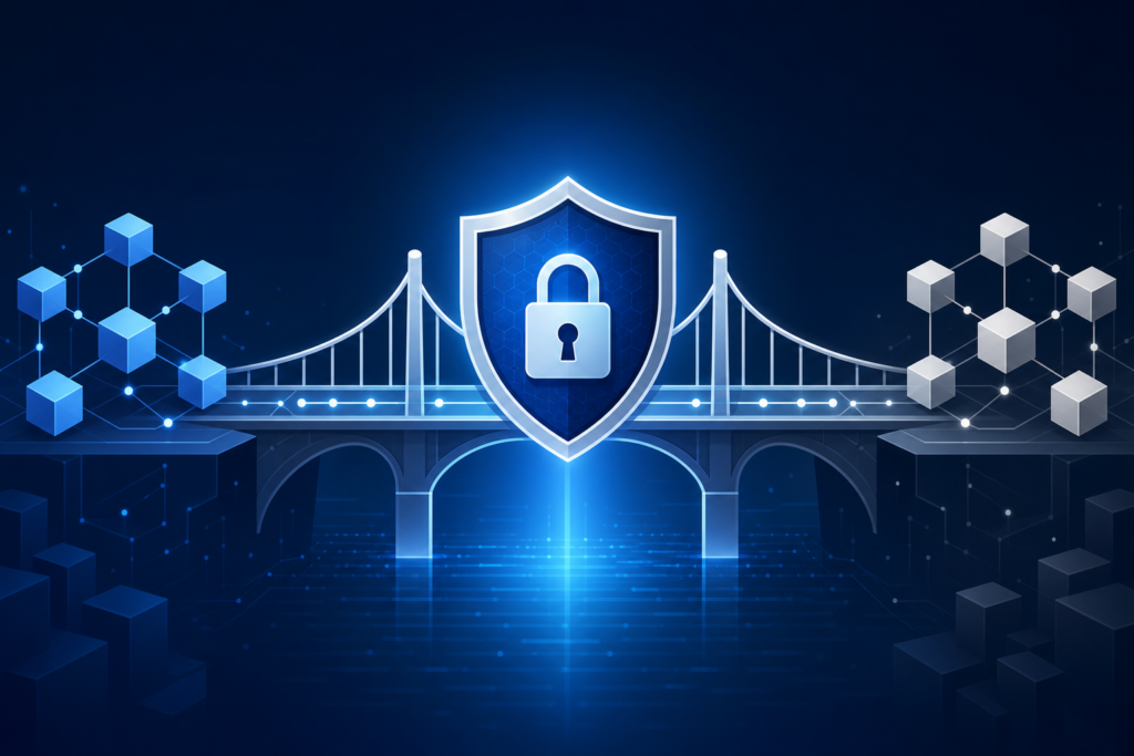 Een schild en hangslot die een crypto bridge beschermen, als symbool voor bridge-beveiliging tegen exploits