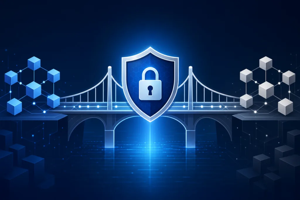 A shield and padlock protecting a crypto bridge, representing bridge security against exploits