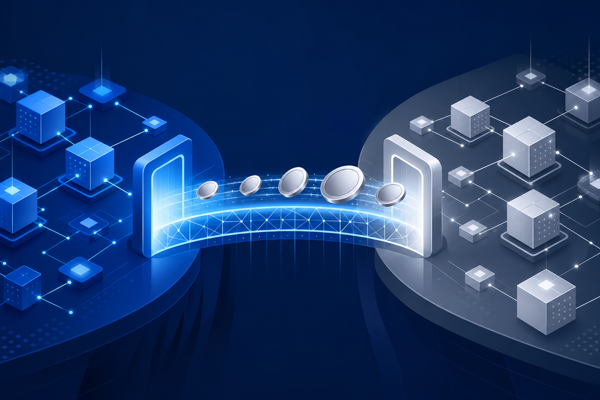 A crypto bridge connecting two separate blockchain networks with tokens crossing between them