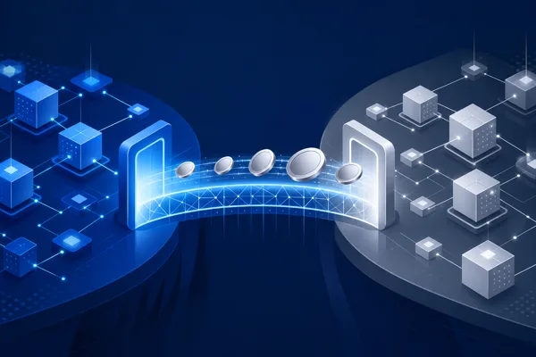 A crypto bridge connecting two separate blockchain networks with tokens crossing between them