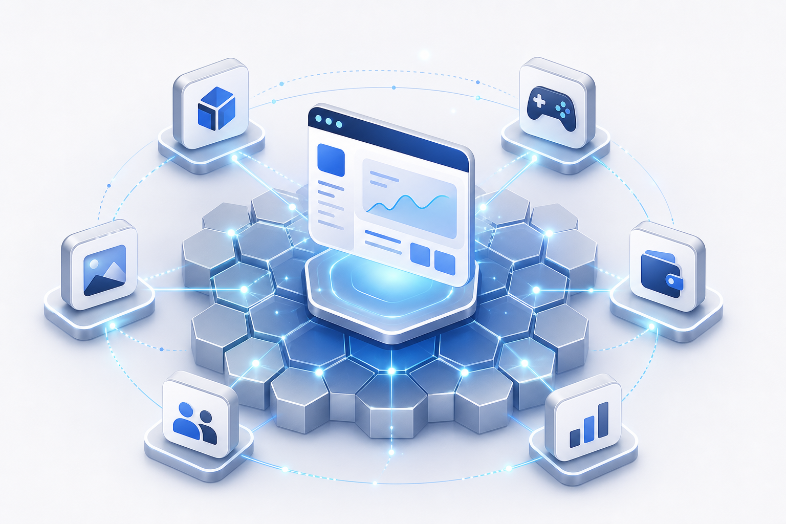 Isometric illustration of a decentralized application card connected to a hexagonal blockchain grid with orbiting app tiles