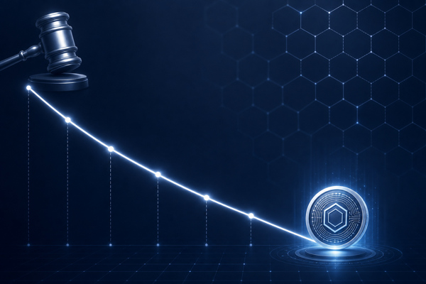 Crypto Dutch auction: descending price curve from an auctioneer gavel down to a settled token