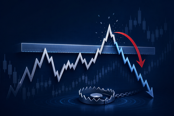 Illustration showing a price chart with a false breakout and reversal, representing a fakeout in crypto trading