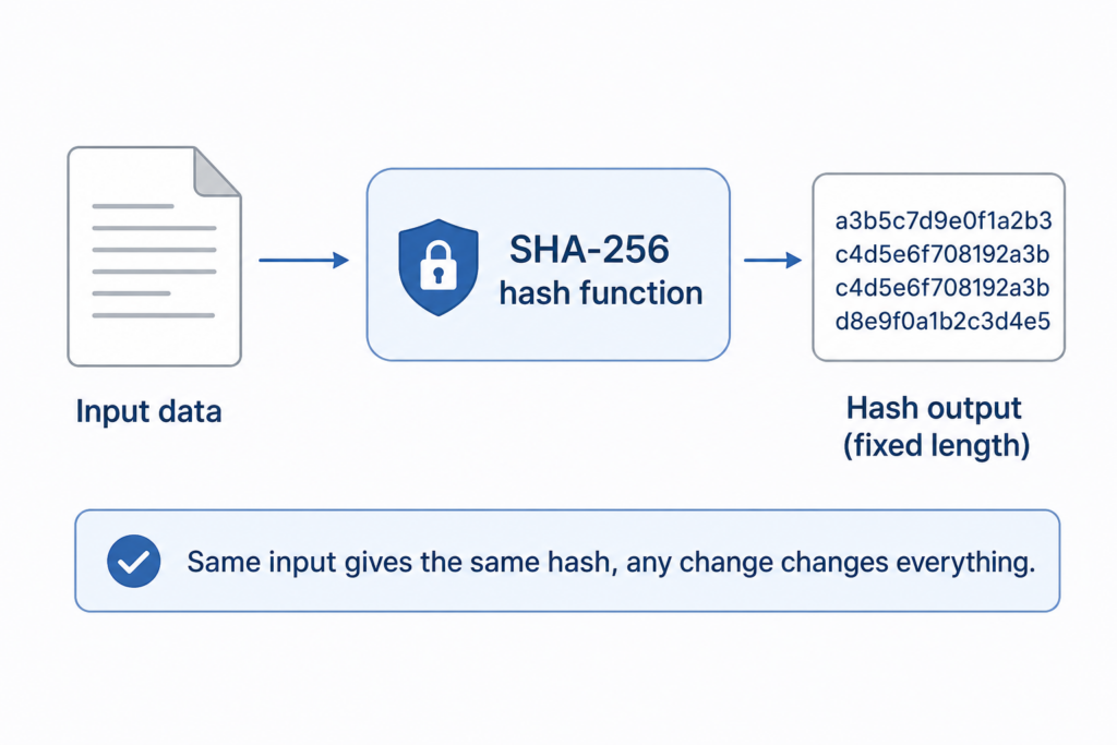A SHA-256 hash function turns input data into a fixed-length hash output; the same input always gives the same hash