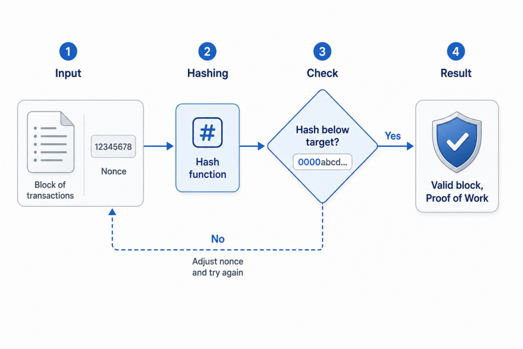 Proof of Work flow: a block of transactions plus a nonce is hashed and checked against the target; if the hash is below target the block is valid, otherwise the nonce is adjusted and retried