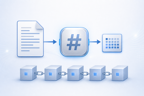 Hash in Proof of Work: input data passes through a hash function to a fixed-length output, linked into a chain of blockchain blocks