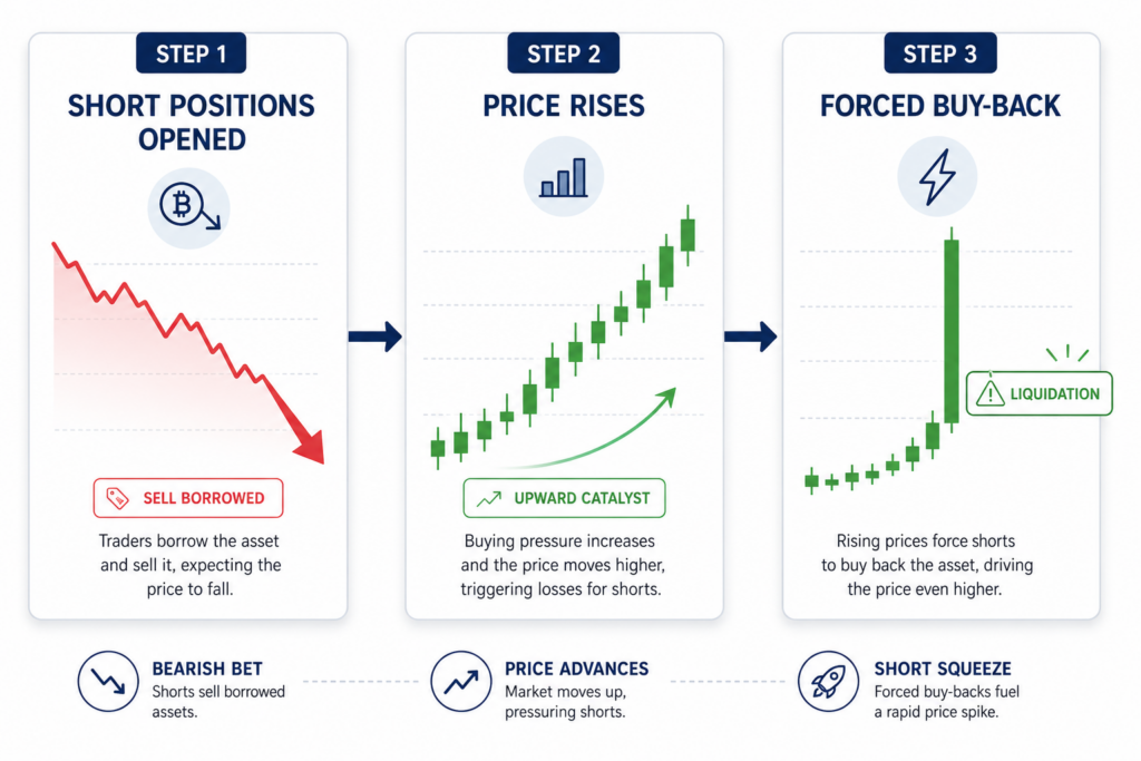 Diagramm in drei Schritten, das zeigt, wie ein Short Squeeze abl&auml;uft: Short-Positionen werden er&ouml;ffnet, der Preis steigt und Short-Seller werden zum R&uuml;ckkauf gezwungen