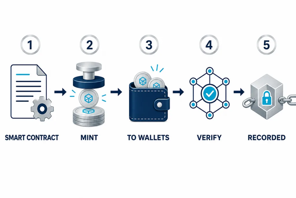 Diagram of the crypto token lifecycle: a smart contract defines the rules, tokens are minted, sent to wallets, verified by the network, and recorded on-chain