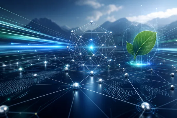 Abstract illustration of the Algorand blockchain as a fast, energy-efficient decentralized network