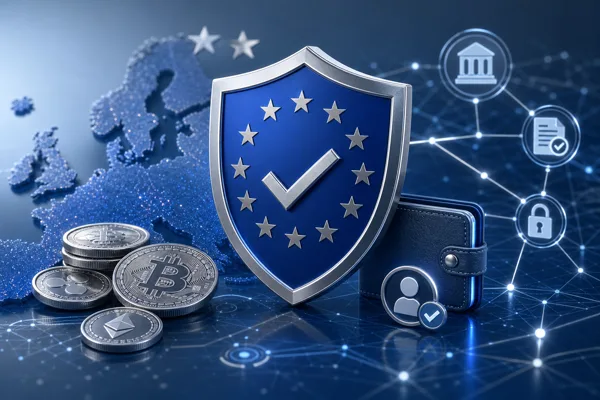 EU anti-money laundering regulation compliance shield over crypto coins and transaction lines