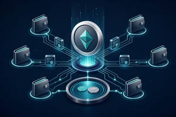 Illustration of a decentralized token launch with wallets connected to a central token via smart contracts and a liquidity pool