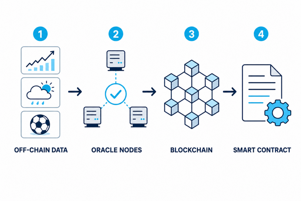 Diagram showing how a blockchain oracle fetches off-chain data, verifies it across multiple nodes, and delivers it to a smart contract