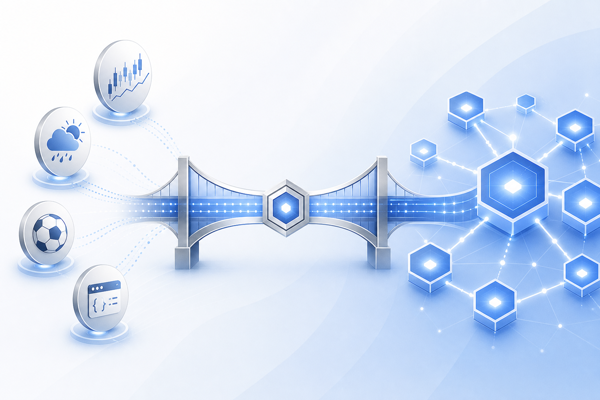 Illustration of a blockchain oracle bridging real-world data to a blockchain network