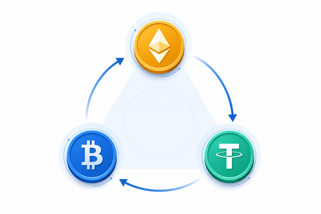 Triangular crypto arbitrage loop converting between three cryptocurrencies to exploit rate differences