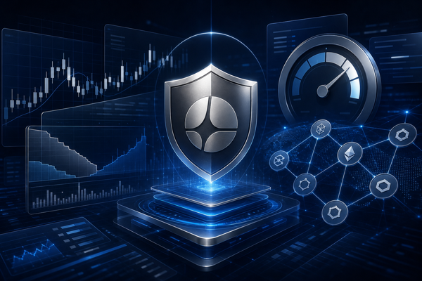 Aster decentralized exchange illustration with trading charts, leverage gauge, multi-chain network, and privacy shield